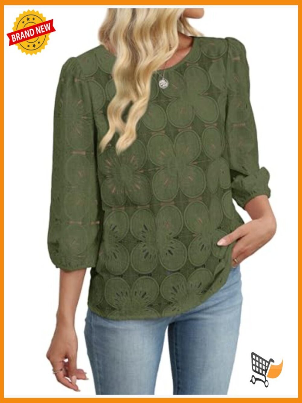 Lace Eyelet Blouse 3/4 Sleeve Peasant Top Lightweight Nylon Blend - Picture 3 of 7